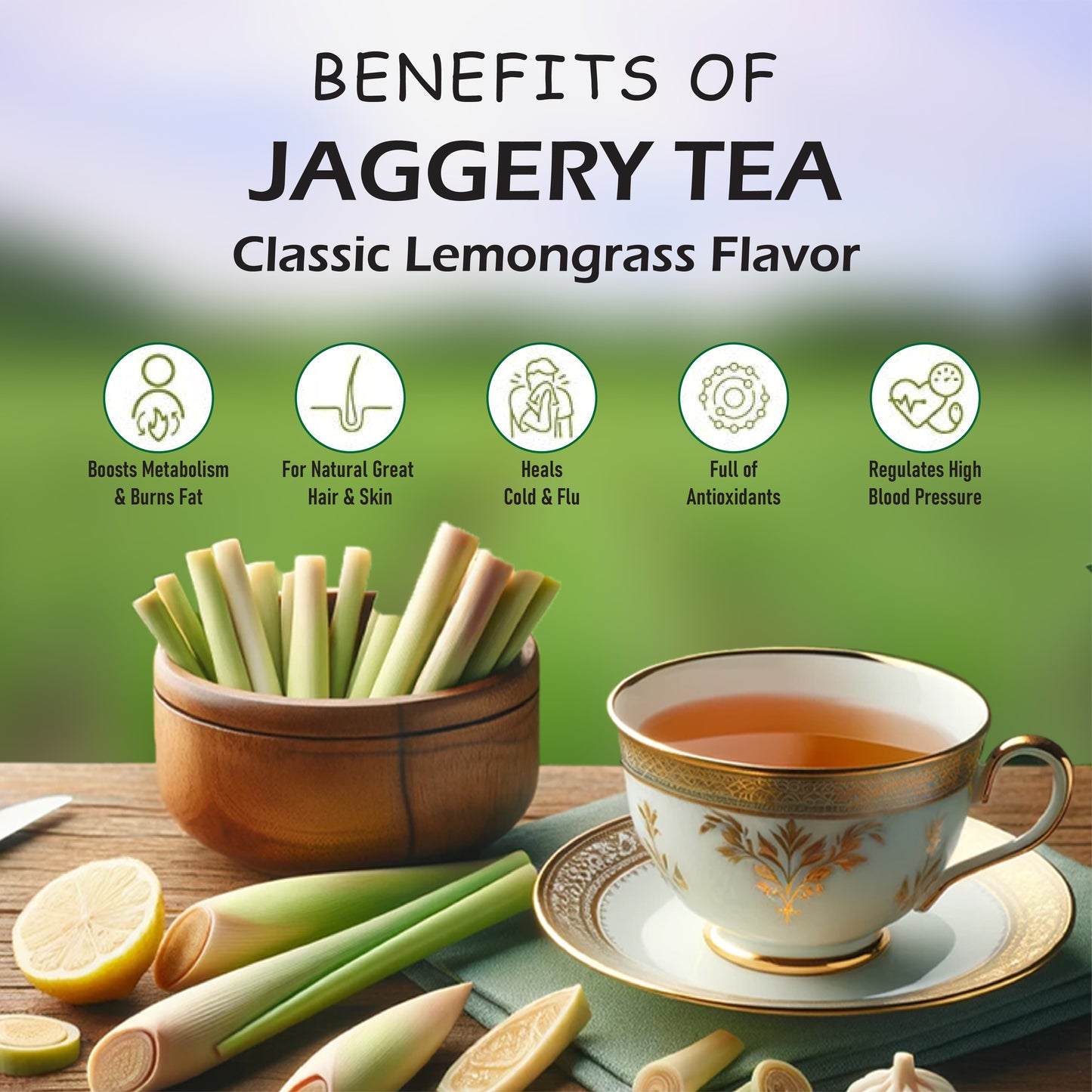 Classic Lemongrass Flavour Jaggery Tea - 500gm - 80 cups (50 ml) - Healthy refreshing drink